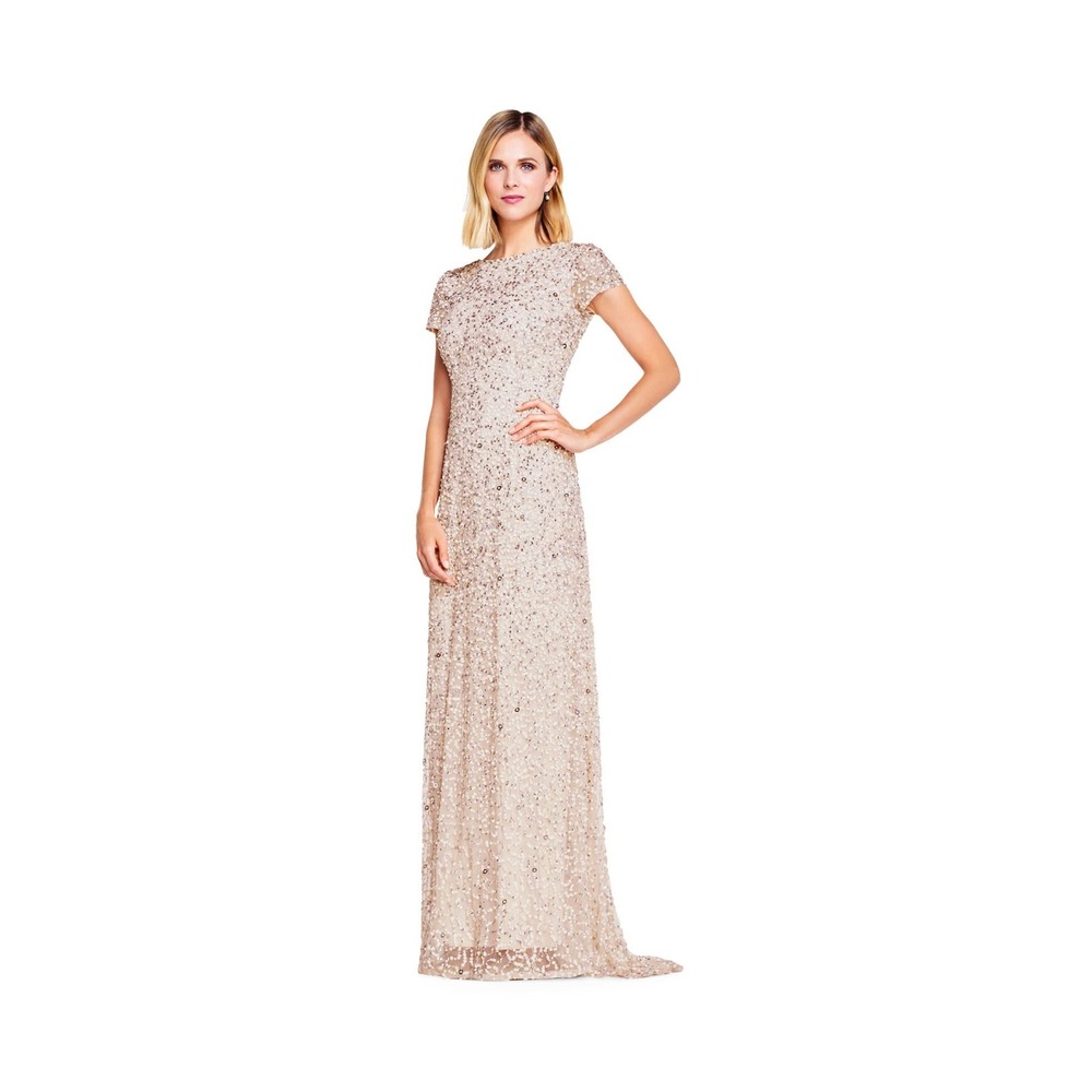 Adrianna Papell Metallic Sequin Mesh Gown w/‎ Train Blush Pink – Size 2